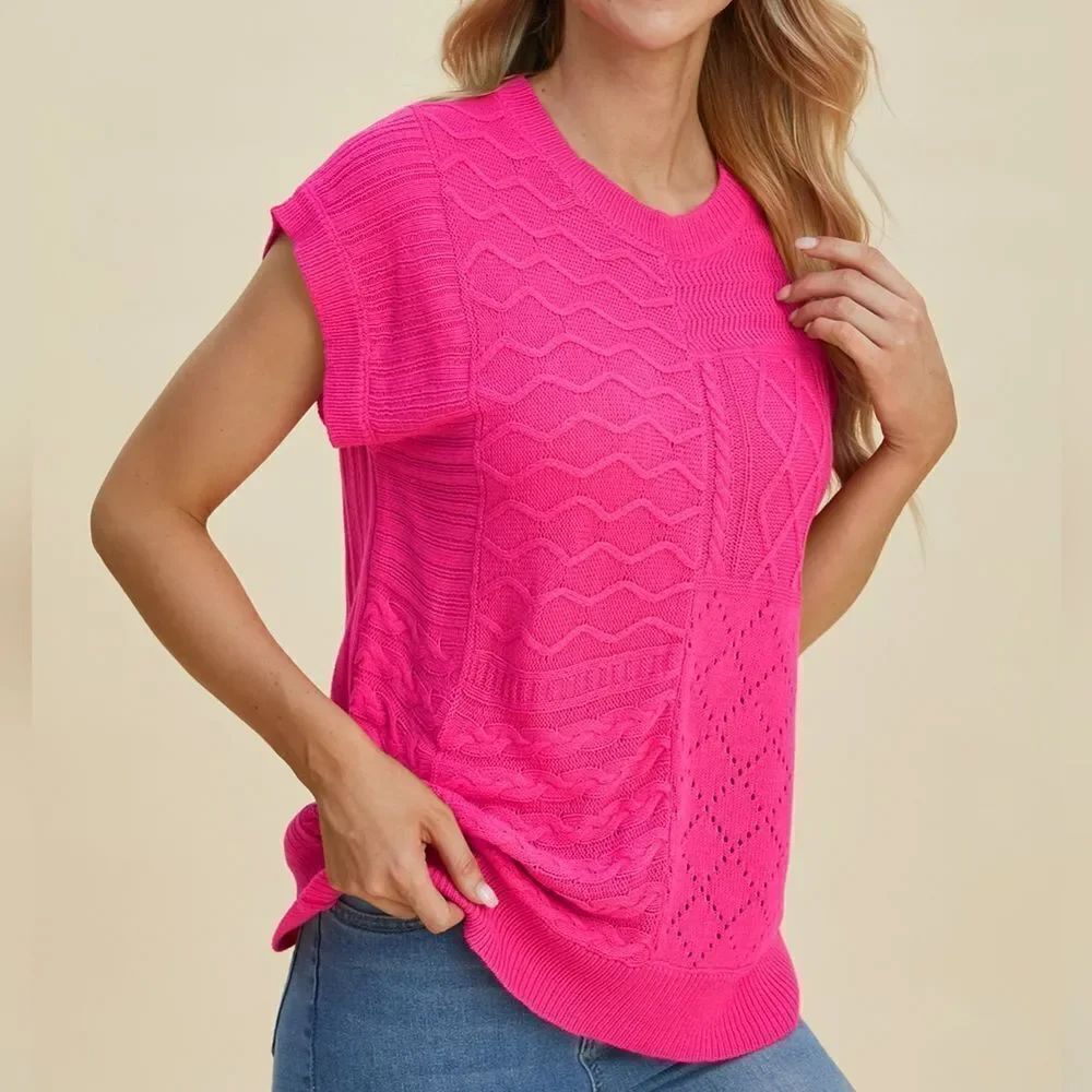Double Take Full Size Cable-Knit Round Deep Pink  Knit Women's Top